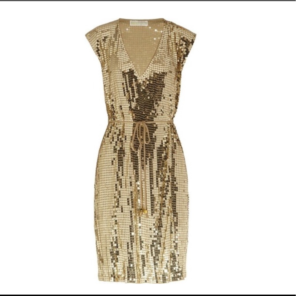 XS MICHEAL KORS DRESS GOLD SEQUN JERSEY WRAP DRESS